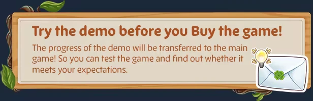 Sugardew Island: Wooden sign with demo text, leafy border, and envelope icon with lightbulb.