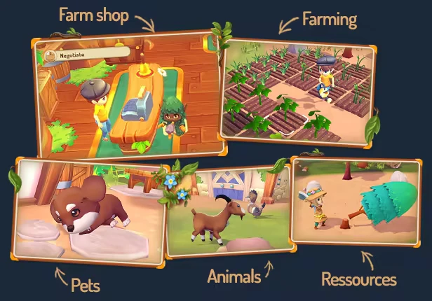 Sugardew Island: Collage of farm shop, farming, pets, animals, and resources with labeled sections.