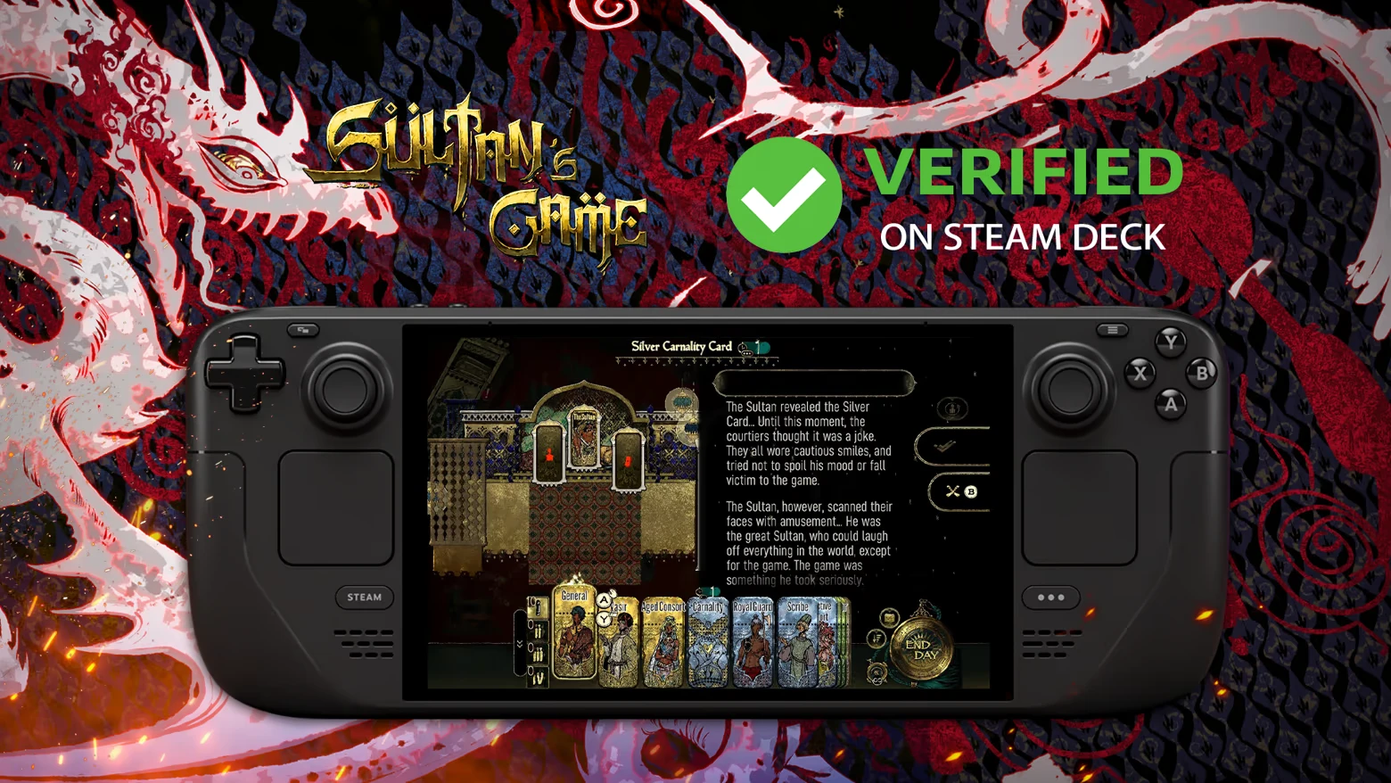 Sultan's Game: A Steam Deck shows the Silver Carnality Card with ornate text and character cards.