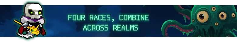 Four Races – Summoner's Gambit Summoner's Gambit: Pixel skeleton with staff, text "FOUR RACES, COMBINE ACROSS REALMS," tentacled creature.