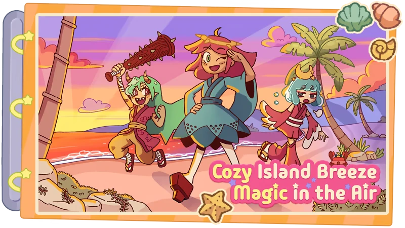 Sunny Trails: Three characters on a beach at sunset, text reads "Cozy Island Breeze Magic in the Air."