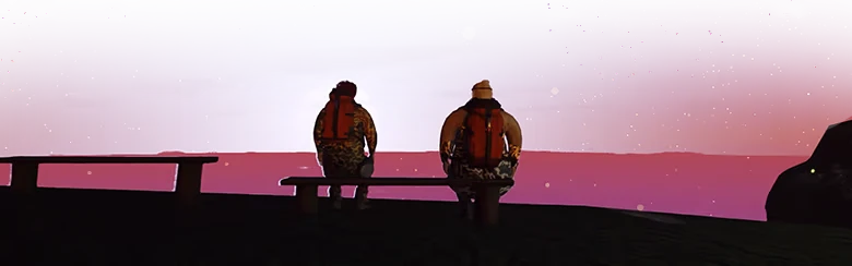 Sunset Summit: Two backpacked climbers sit on a bench, facing a pink starry sky.