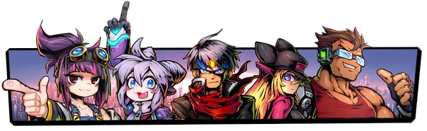 Character Showcase – Super Alloy Crush Super Alloy Crush: Five colorful characters pose confidently against a futuristic cityscape.