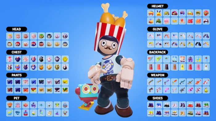 Super-B: Toy character with chicken bucket helmet, surrounded by various customization options.