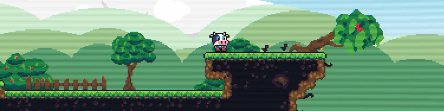 Grassy Cliff Platforms – Super Beefit Super Beefit: Pixel cow stands on grassy cliff above dark cave, trees behind.
