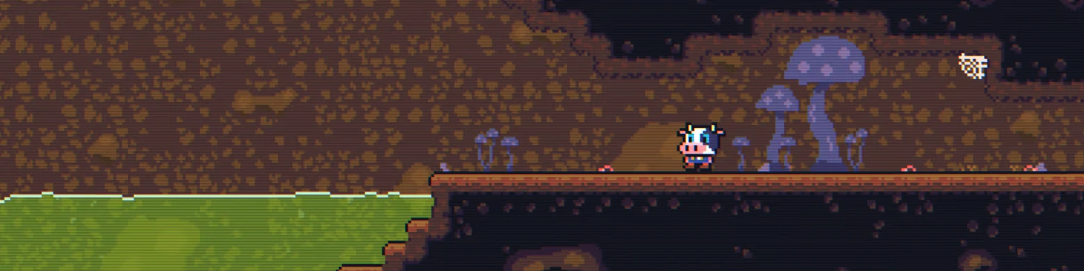 Mushroom Cave Ledge – Super Beefit Super Beefit: Pixel cow on cave ledge with purple mushrooms and green slime pool.