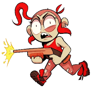 SUPER DEBT: Cartoon character with red hair firing a gun, wearing red clothes and boots.