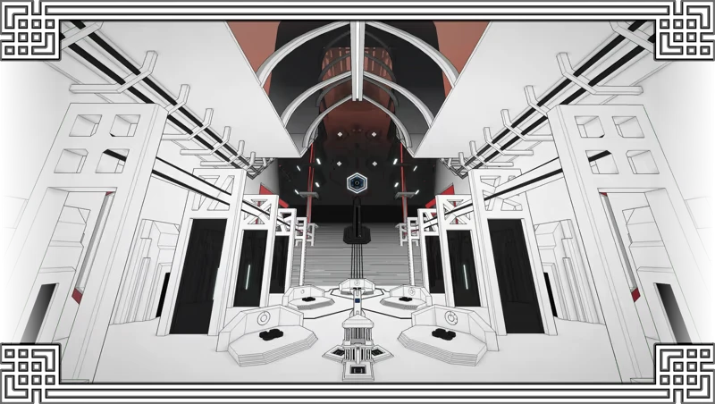 Superspective: Symmetrical white and black corridor with geometric patterns and central hexagon.