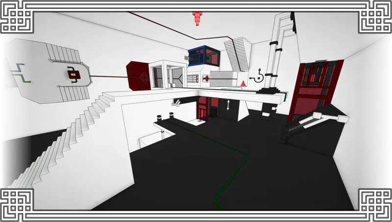 Superspective: Surreal room with twisting stairs, red and blue structures, and geometric patterns.