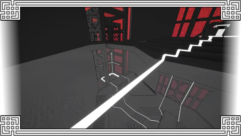 Superspective: Monochrome room with glowing white lines, red windows, and geometric patterns.