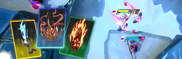 Cards Battle – SUPERVIVE SUPERVIVE: Three cards with lightning, demon mask, and flame. Two characters with health bars.