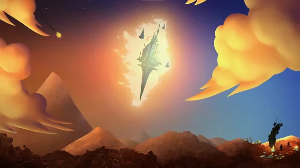 Crash Landing Flare – Surviving Deponia Surviving Deponia: Glowing spire in sky, orange clouds over rocky hills and tiny figures.