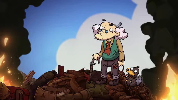 Surviving Deponia: Old man with cane on scrap pile beside small bird, smoke and fire.