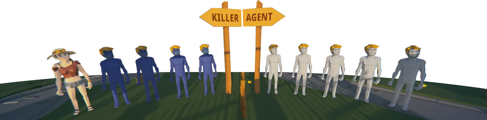 SUSPECTO: Characters in blue and white stand by a signpost labeled "KILLER" and "AGENT".
