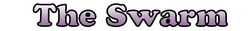 Swarmdustry: Large serif text “The Swarm” in purple gradient on black background.