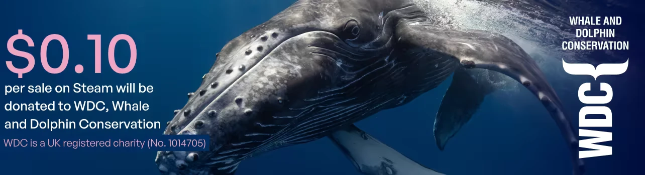 Swimpossible!: A whale swims underwater; text reads "$0.10 per sale on Steam to WDC charity."