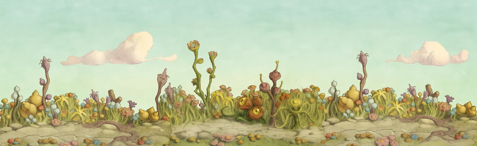 Alien Flower Field – Swing of Things Swing of Things: Pastel alien meadow with bulb plants, flowers, and stone path under clouds.