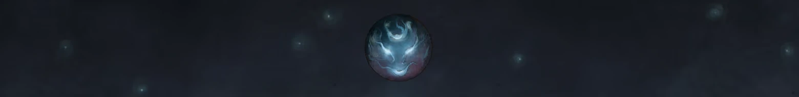 Cosmic Egg Orb – Swing of Things Swing of Things: Glowing blue orb with a face-like pattern against a dark starry sky.