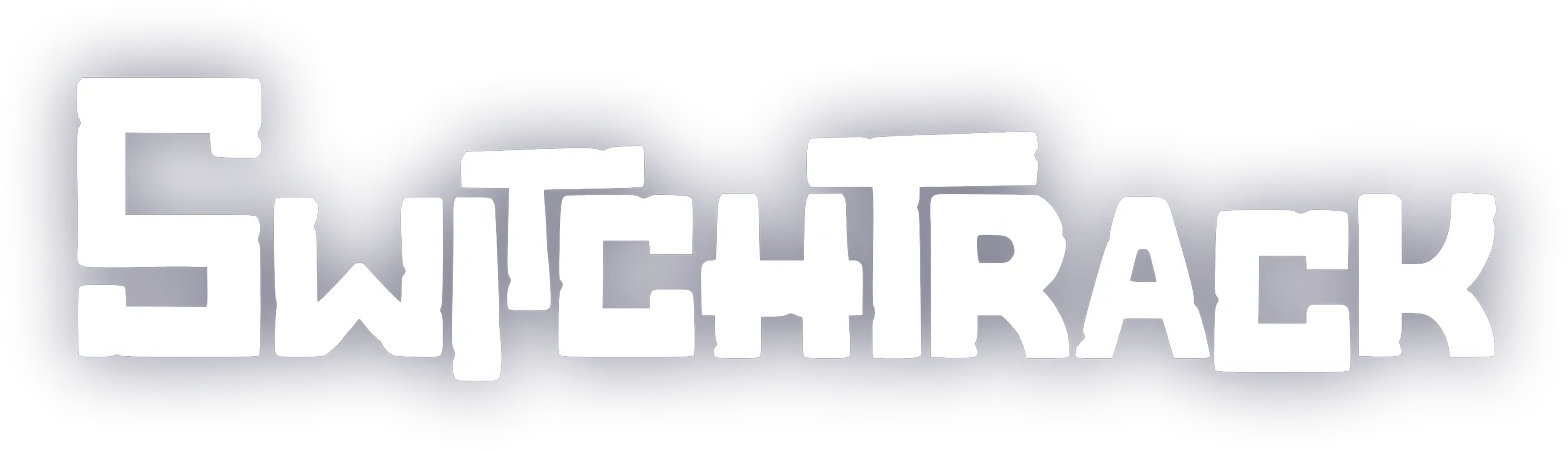 Game Logo – SwitchTrack SwitchTrack: White blocky SWITCHTRACK logo with dark blue glow on black background.