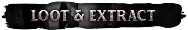 Swordai: "LOOT & EXTRACT" text in stone texture, shadowy figure in background.