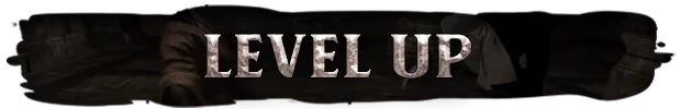 Level up Banner – Swordeye Swordeye: Large stone-textured LEVEL UP text on a dark banner with bodies behind.