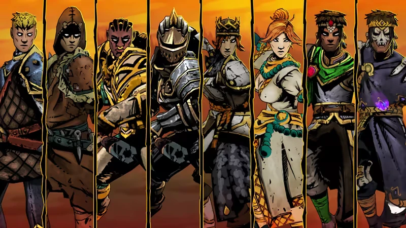 Character Lineup – SWORN SWORN: Eight diverse characters in armor and robes, set against an orange background.