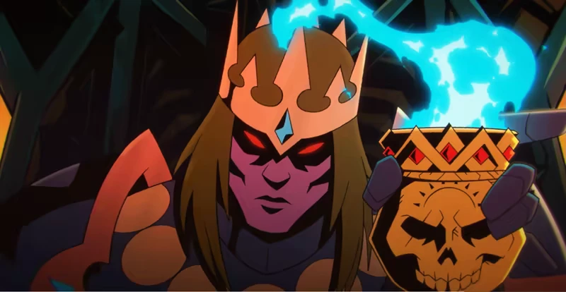 Cursed King – SWORN SWORN: A figure with glowing red eyes and a crown holds a skull cup emitting blue flames.