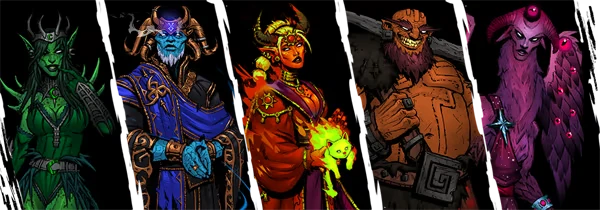 Mystical Characters – SWORN SWORN: Five fantasy characters with distinct costumes and features, including horns and glowing eyes.