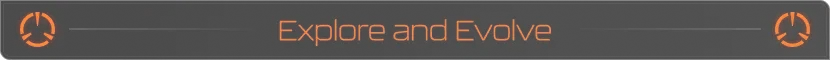 Symbiosis: Orange text “Explore and Evolve” on black banner with circular icons.