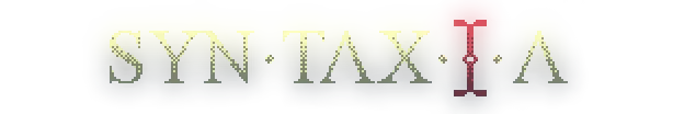SYNTAXIA: Pixelated title "SYNTAXIA" with glowing letters and a red gradient on the letter "I".