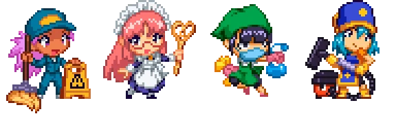 sys: Pixel art of four caretakers: janitor, maid with key, masked cleaner, blue mage.