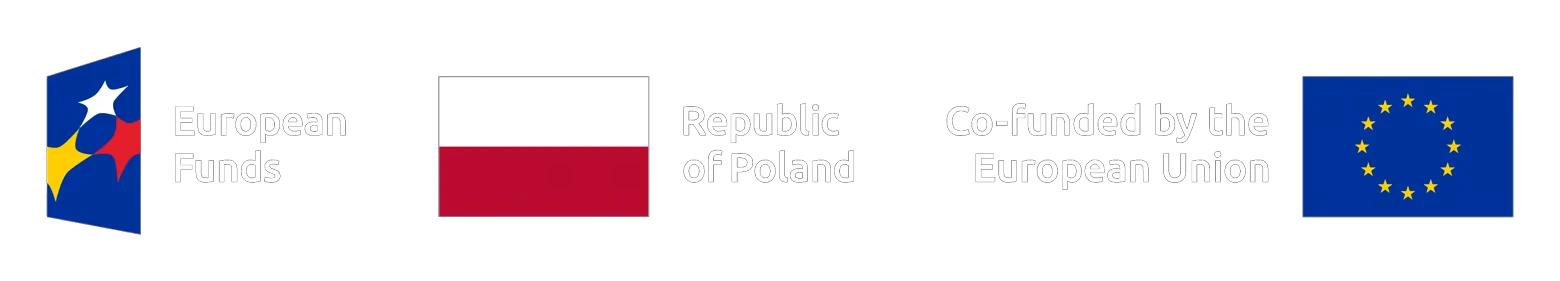 System Breakdown: European Funds, Republic of Poland, and EU flag on black background.