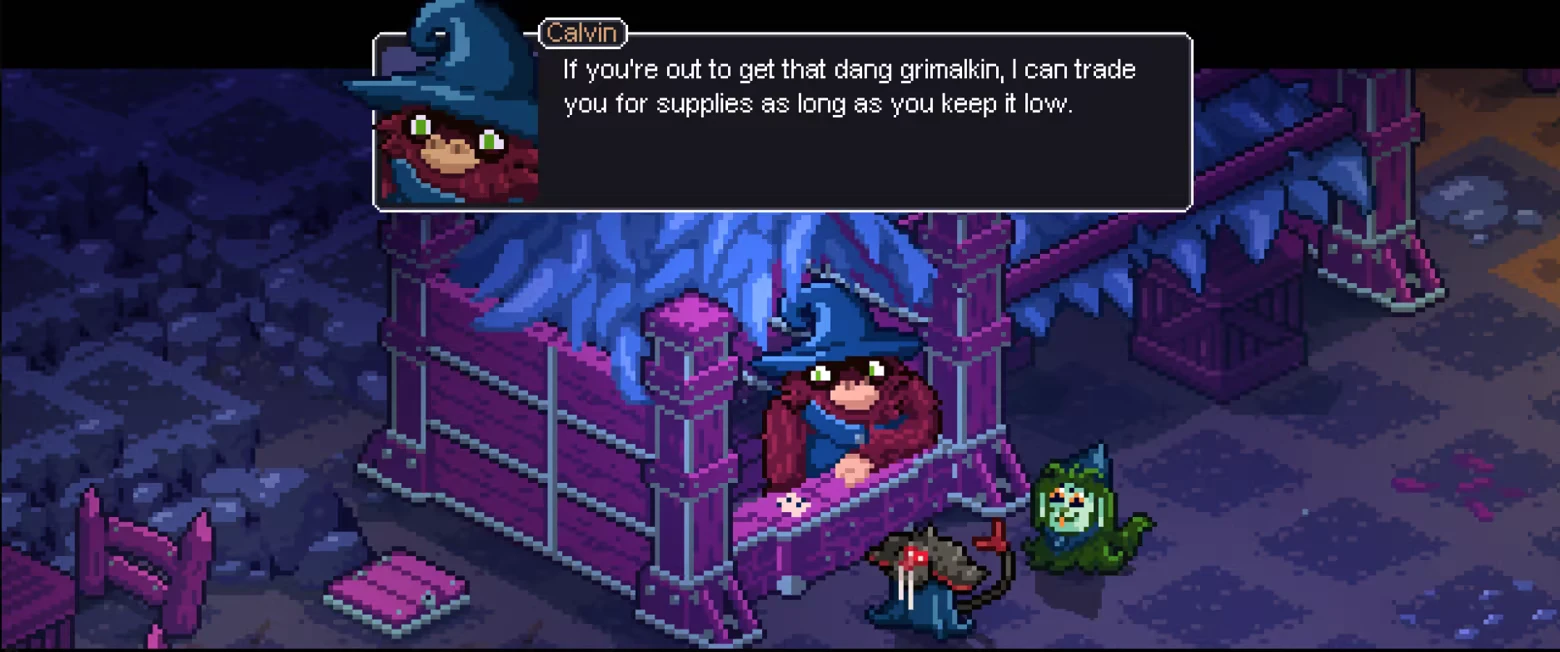 Merchant Dialogue – Tacticauldron Tacticauldron: Calvin dialogue box over purple tent, wizard and two creatures outside.