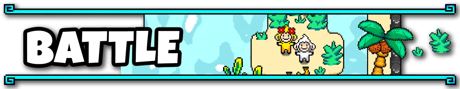 Battle Screen – Tales of Tuscany Tales of Tuscany: Bold BATTLE text beside two pixel characters on sandy island map.