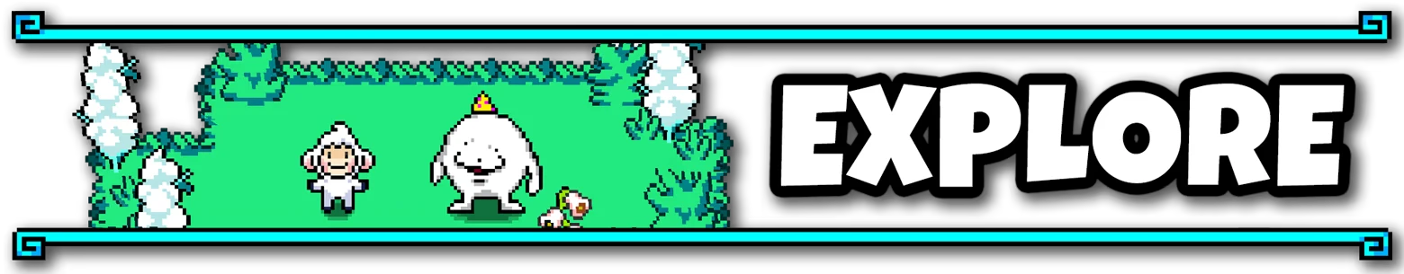 Explore Banner – Tales of Tuscany Tales of Tuscany: Pixel characters in grass, huge white EXPLORE text on black.