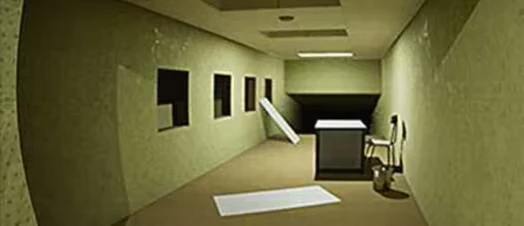 Tape 101: Dimly lit hallway with peeling wallpaper, scattered panels, a chair, and a bucket.