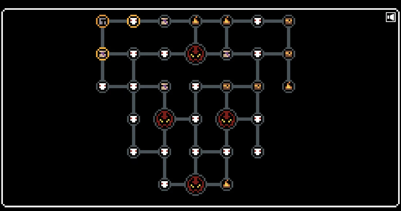 Dungeon Node Map – Tartarus - Dice & Blades Tartarus: Pixel dungeon map with connected nodes, skull icons, chests, and torches.