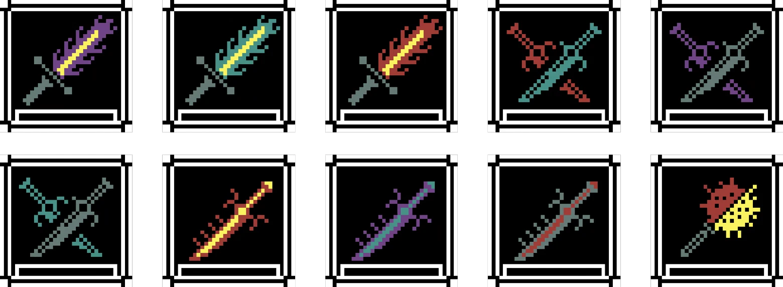 Weapon Card Grid – Tartarus - Dice & Blades Tartarus: Pixel art weapon cards showing flaming swords, crossed blades, and a mace icon.