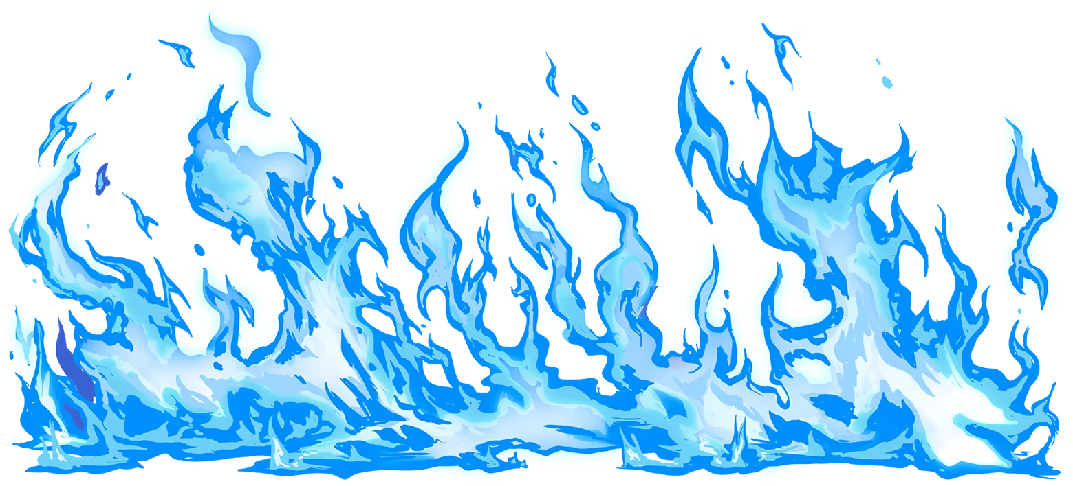 Tashio Tempo: Bright blue stylized flames and splashes rising across a black background.