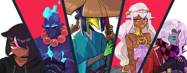 Character Lineup – Taste Of Heaven Taste Of Heaven: Five diverse characters with distinct outfits and expressions on a vibrant background.