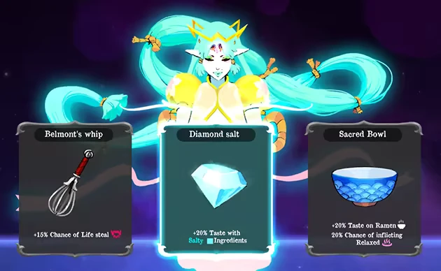 Ingredient Selection – Taste Of Heaven Taste Of Heaven: A mystical character with glowing hair presents Belmont's whip, Diamond salt, and Sacred Bowl.