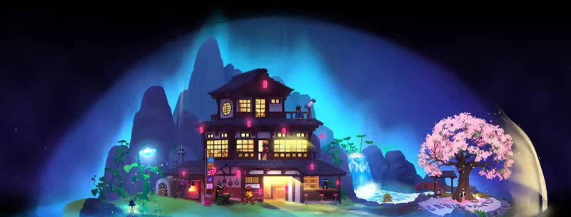 Nighttime Village Scene – Taste Of Heaven Taste Of Heaven: A cozy, lantern-lit house under a starry sky, beside a waterfall and cherry blossom.