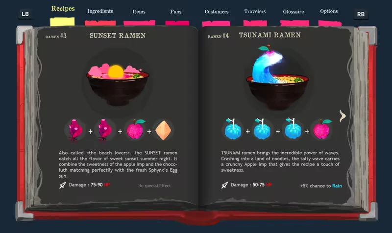 Recipes Page – Taste Of Heaven Taste Of Heaven: Open recipe book showing Sunset Ramen and Tsunami Ramen with colorful icons.