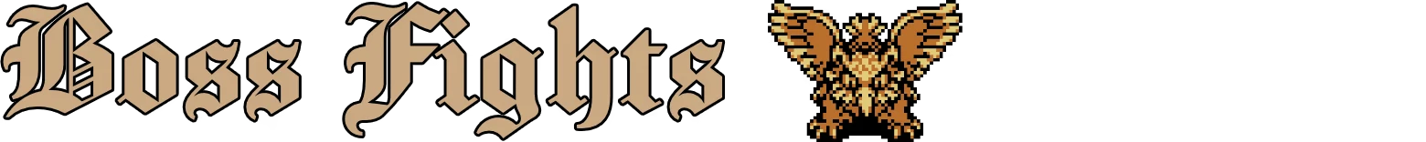 Tearscape: "Boss Fights" in gothic font with a pixel art owl creature on a black background.