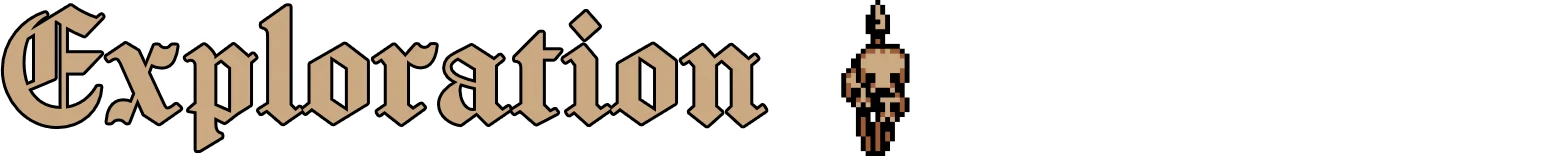 Tearscape: "Exploration" in ornate font with a pixel art character hanging from a rope.