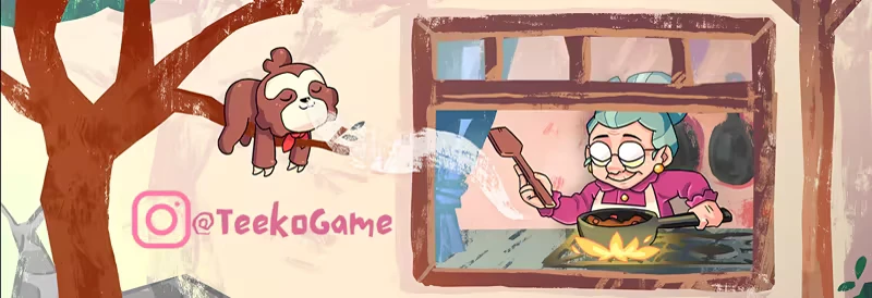 Teeko: Sloth mascot and pink “@TeekoGame” text beside a woman cooking at a window.