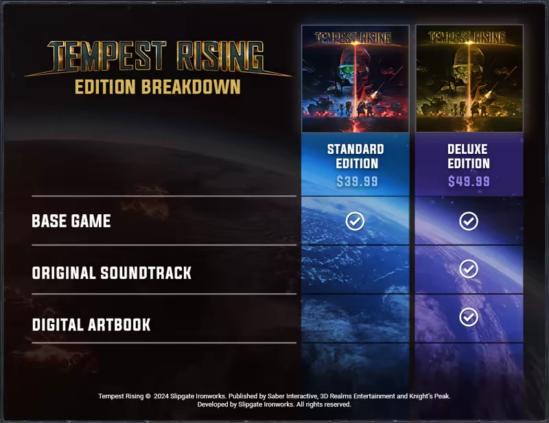 Edition Breakdown – Tempest Rising Tempest Rising: Edition Breakdown with Standard and Deluxe options, prices, and included items.