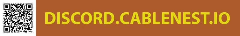 Tentacle Tango: QR code beside bold yellow text "DISCORD.CABLENEST.IO" on brown background.