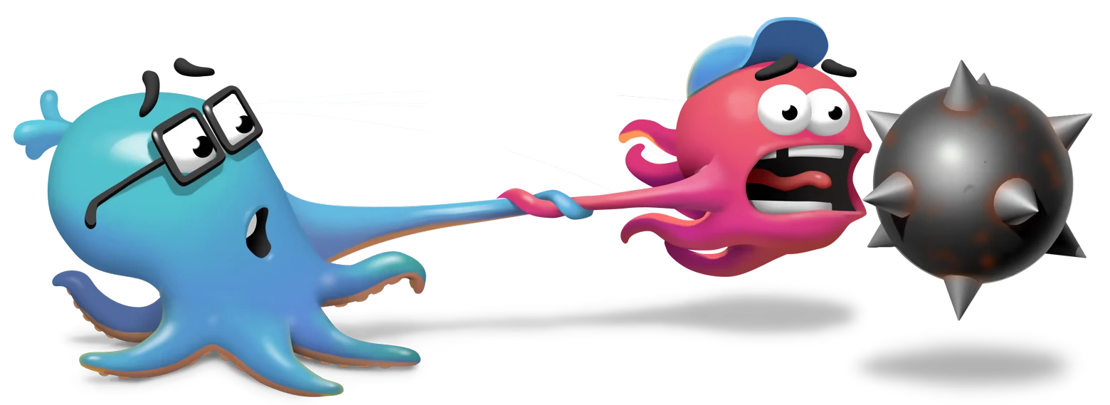 Tentacle Tango: Blue octopus with glasses pulls pink octopus in cap away from spiked ball.