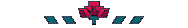 TetherGeist: Stylized red and teal geometric flower with five teal rectangles on each side.